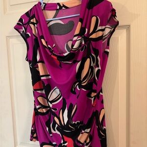 Worthington Floral Print Cowl Neck Top - Purple, Black, Cream size large p